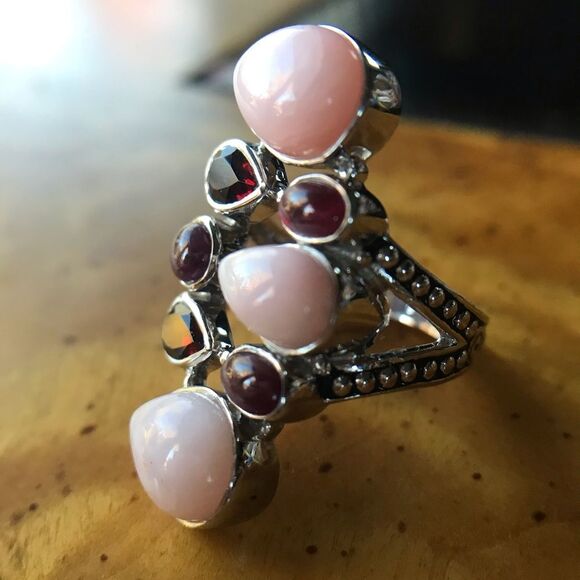 Natural Pink Opal Ruby Garnet Sterling Silver Cocktail Ring Size 7 - Picture 2 of 9